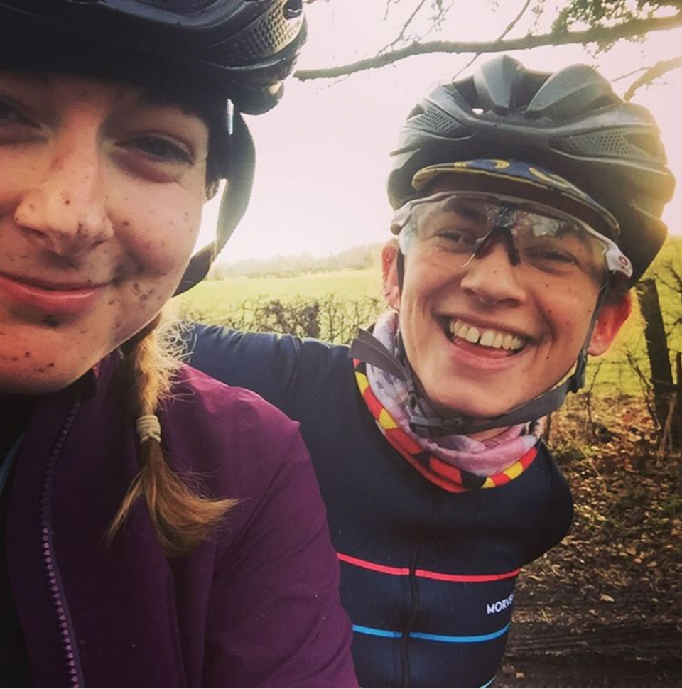 A pic of Hannah Nicklin and Emma Jane Horsby on a mucky winter training ride.