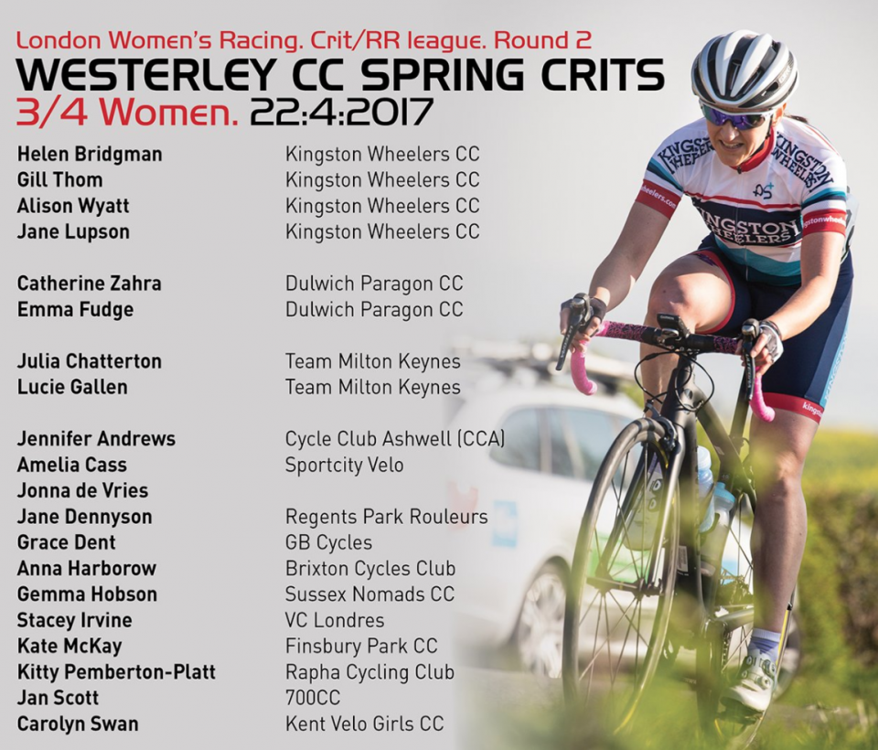 A picture of a woman in Kingston kit, by Huw Williams, superimposed with the current online entries and key details for the 2 LWR crit race, Westerley Crits.
