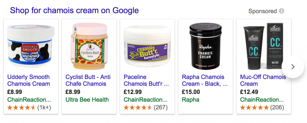 Google shopping results for chamois creams
