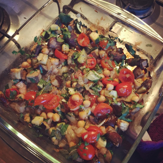 a picture of a roasting dish with roasted veg and chickpeas in it