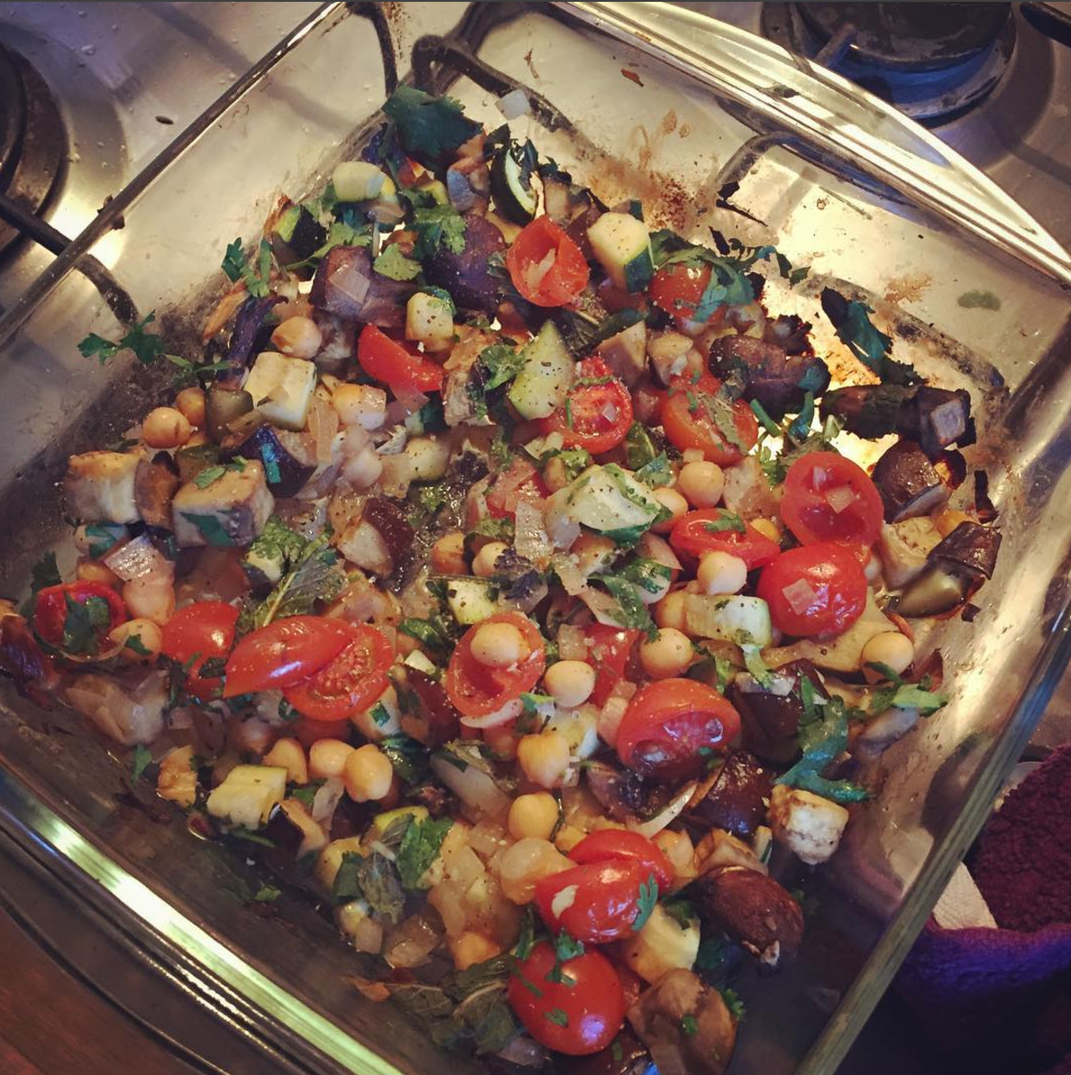 a picture of a roasting dish with roasted veg and chickpeas in it