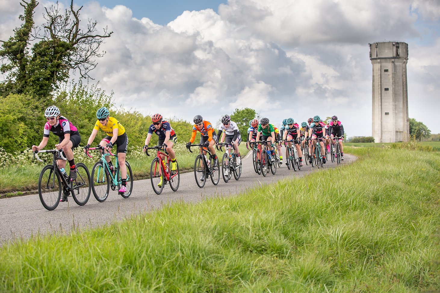 The peloton under the water tower near bedford
